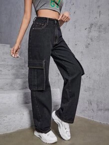 Top-stitching Flap Pocket Cargo Jeans - Black - View 4