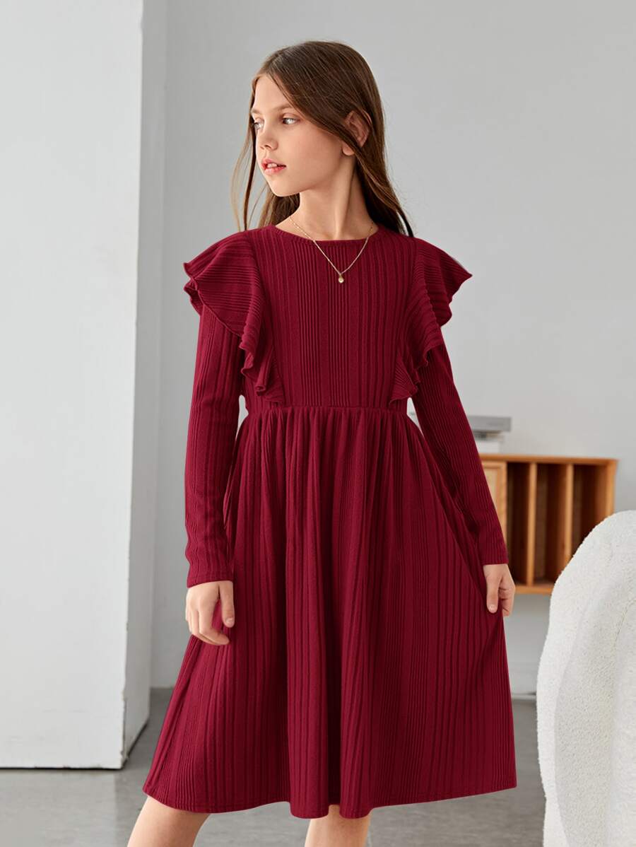 SHEIN Girls Ruffle Trim A-line Dress - Burgundy - View 1