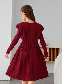 SHEIN Girls Ruffle Trim A-line Dress - Burgundy - View 2