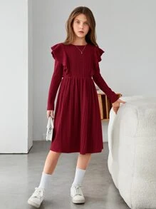 SHEIN Girls Ruffle Trim A-line Dress - Burgundy - View 3