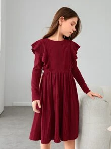 SHEIN Girls Ruffle Trim A-line Dress - Burgundy - View 4