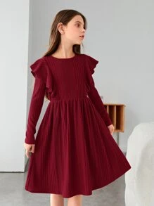 SHEIN Girls Ruffle Trim A-line Dress - Burgundy - View 5