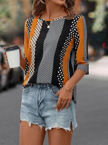 SHEIN LUNE Polka Dot & Striped Print Blouse - Multicolor - View 4