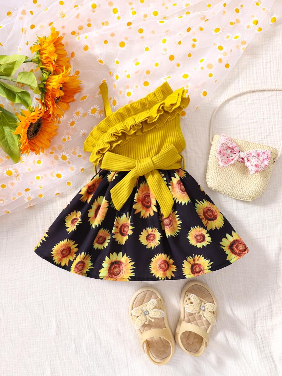 嬰兒向日葵圖案不對稱領荷葉邊洋裝 - 彩色 - 查看 1