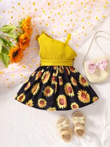 嬰兒向日葵圖案不對稱領荷葉邊洋裝 - 彩色 - 查看 2