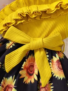 嬰兒向日葵圖案不對稱領荷葉邊洋裝 - 彩色 - 查看 6