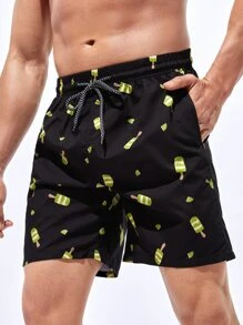 Manfinity Hombres Shorts de natación kiwi con estallido de hielo con estampado de cintura con cordón - Negro - Ver 1