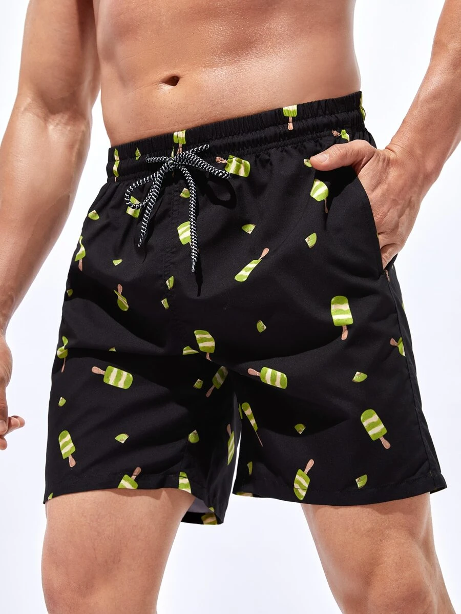 Manfinity Hombres Shorts de natación kiwi con estallido de hielo con estampado de cintura con cordón - Negro - Ver 1