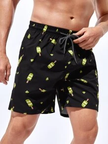 Manfinity Hombres Shorts de natación kiwi con estallido de hielo con estampado de cintura con cordón - Negro - Ver 3