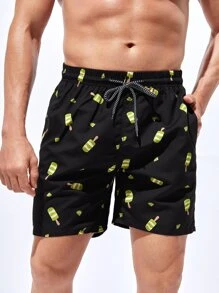 Manfinity Hombres Shorts de natación kiwi con estallido de hielo con estampado de cintura con cordón - Negro - Ver 4