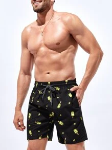 Manfinity Hombres Shorts de natación kiwi con estallido de hielo con estampado de cintura con cordón - Negro - Ver 5