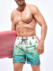 Manfinity Hombres Shorts de natación con estampado de piña de cintura con cordón - Multicolor - Ver 1