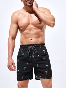 Manfinity Hombres Shorts de natación con estampado de árbol de coco de cintura con cordón - Negro - Ver 1