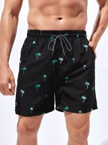 Manfinity Hombres Shorts de natación con estampado de árbol de coco de cintura con cordón - Negro - Ver 2