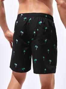 Manfinity Hombres Shorts de natación con estampado de árbol de coco de cintura con cordón - Negro - Ver 3