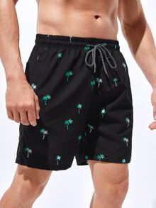 Manfinity Hombres Shorts de natación con estampado de árbol de coco de cintura con cordón - Negro - Ver 4