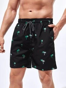Manfinity Hombres Shorts de natación con estampado de árbol de coco de cintura con cordón - Negro - Ver 5
