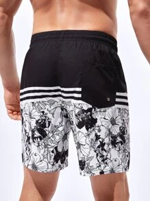 Manfinity Swimmode Hombres Shorts de natación de rayas & con estampado floral de cintura con cordón - Blanco y Negro - Ver 2