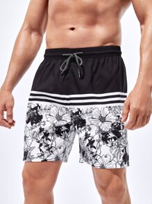 Manfinity Swimmode Hombres Shorts de natación de rayas & con estampado floral de cintura con cordón - Blanco y Negro - Ver 3
