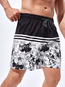 Manfinity Swimmode Hombres Shorts de natación de rayas & con estampado floral de cintura con cordón - Blanco y Negro - Ver 4