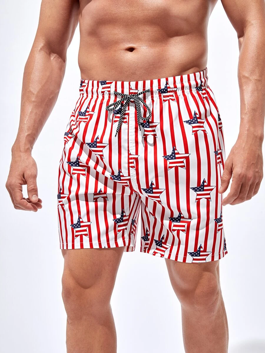 Manfinity Men Americana Print Drawstring Waist Swim Trunks - Red and White - View 1