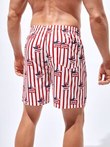 Manfinity Men Americana Print Drawstring Waist Swim Trunks - Red and White - View 2