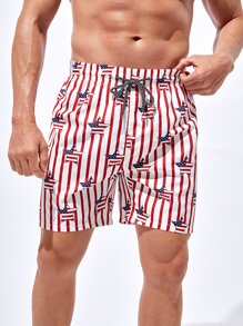 Manfinity Men Americana Print Drawstring Waist Swim Trunks - Red and White - View 3