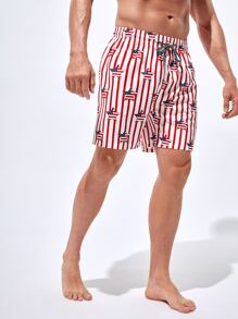Manfinity Men Americana Print Drawstring Waist Swim Trunks - Red and White - View 4