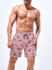 Manfinity Men Americana Print Drawstring Waist Swim Trunks - Red and White - View 5