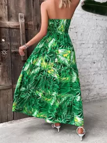 Breezaya 熱帶圖案荷葉邊抹胸連衣裙 - 綠色 - 查看 2