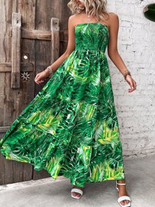 Breezaya 熱帶圖案荷葉邊抹胸連衣裙 - 綠色 - 查看 4