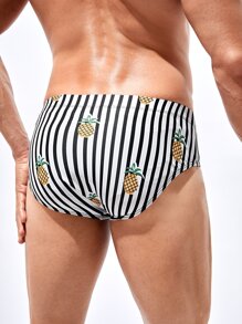 Manfinity Men Striped & Pineapple Print Swim Brief - Black and White - View 2