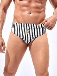 Manfinity Men Striped & Pineapple Print Swim Brief - Black and White - View 5