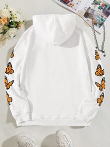 SHEIN EZwear Butterfly & Slogan Graphic Drawstring Thermal Lined Hoodie - White - View 2