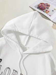 SHEIN EZwear Butterfly & Slogan Graphic Drawstring Thermal Lined Hoodie - White - View 5