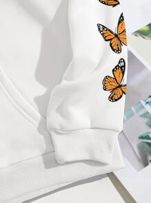 SHEIN EZwear Butterfly & Slogan Graphic Drawstring Thermal Lined Hoodie - White - View 6