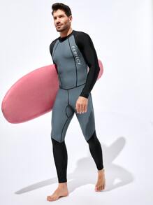 Manfinity Men Letter Graphic Top-stitching Raglan Sleeve One-Piece Swimsuit - Grey - View 1