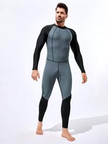 Manfinity Men Letter Graphic Top-stitching Raglan Sleeve One-Piece Swimsuit - Grey - View 4