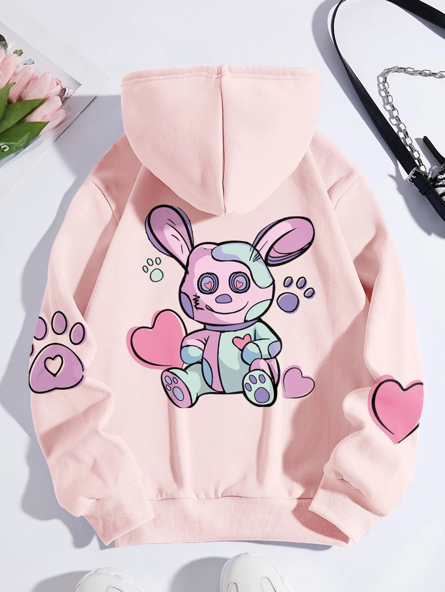 SHEIN Qutie Quần áo thể thao nữ Dây kéo Túi Hoạt hình Giải trí - Màu Hồng baby - Xem 1