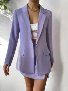 Chiquease Lapel Neck Single Breasted Blazer & Skirt - Mauve Purple - View 5