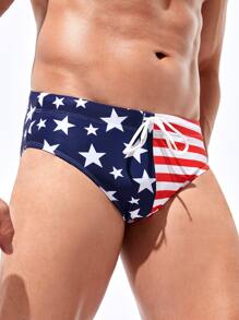 Manfinity KASUA Men Americana Print Drawstring Waist Swim Brief - Multicolor - View 4
