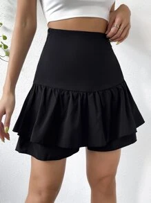 SHEIN WYWH 高腰側拉鏈荷葉邊裙裤 - 黑色 - 查看 1