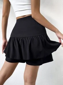 SHEIN WYWH 高腰側拉鏈荷葉邊裙裤 - 黑色 - 查看 2