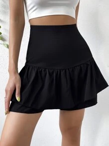 SHEIN WYWH 高腰側拉鏈荷葉邊裙裤 - 黑色 - 查看 6