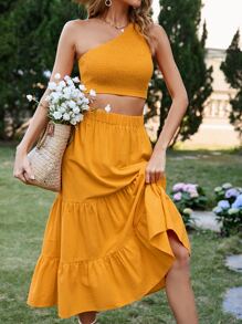 SHEIN VCAY de un hombro Top crop & bajo con fruncido Falda - Amarillo - Ver 1
