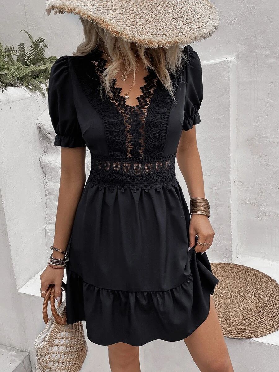 SHEIN LUNE Vestido con encaje de manga farol bajo con fruncido - Negro - Ver 1