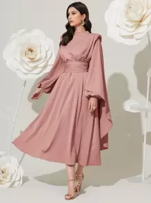 Modelyn 高领长灯笼袖褶饰腰部端庄连衣裙 - 藕粉色 - 查看 1