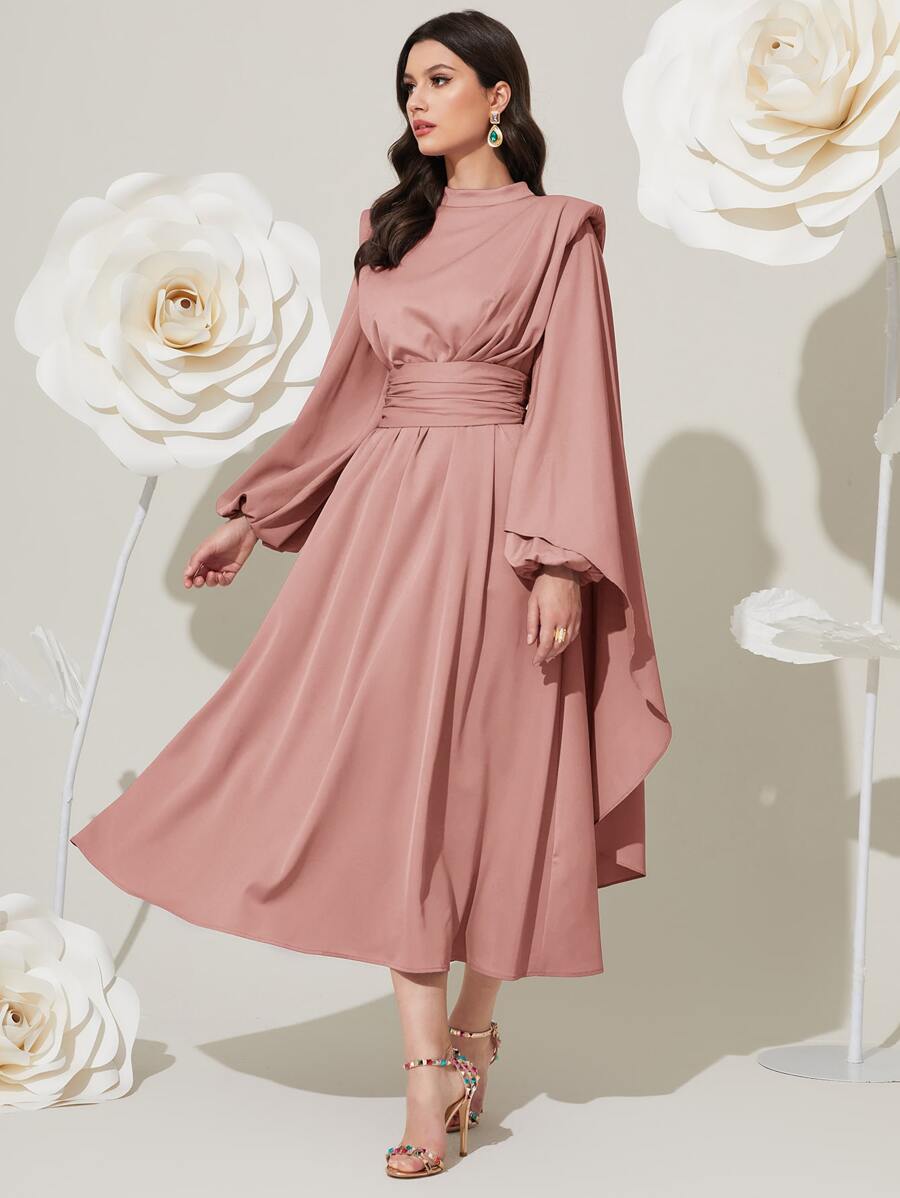 Modelyn 高领长灯笼袖褶饰腰部端庄连衣裙 - 藕粉色 - 查看 1