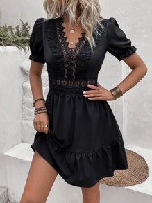 SHEIN LUNE Vestido con encaje de manga farol bajo con fruncido - Negro - Ver 5