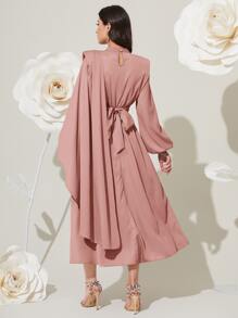 Modelyn 高领长灯笼袖褶饰腰部端庄连衣裙 - 藕粉色 - 查看 2
